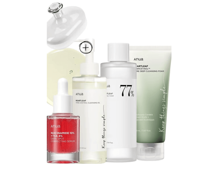 ANUA Heartleaf Skincare Set - Pore Control Cleansing Oil - Quercetinol Deep Cleansing Foam - 77 Soothing Toner - and Dark Spot Correcting Serum with 10% Niacinamide & TXA for Clear - Radiant Skin - Fa
